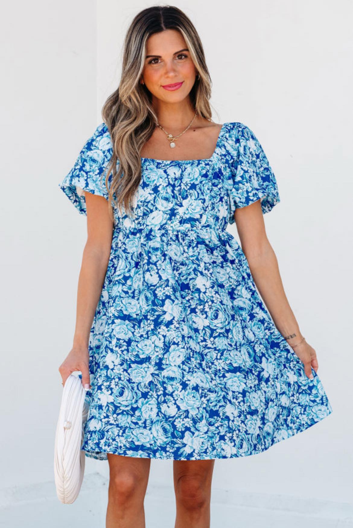 Blue Floral Puff Sleeve Babydoll Dress