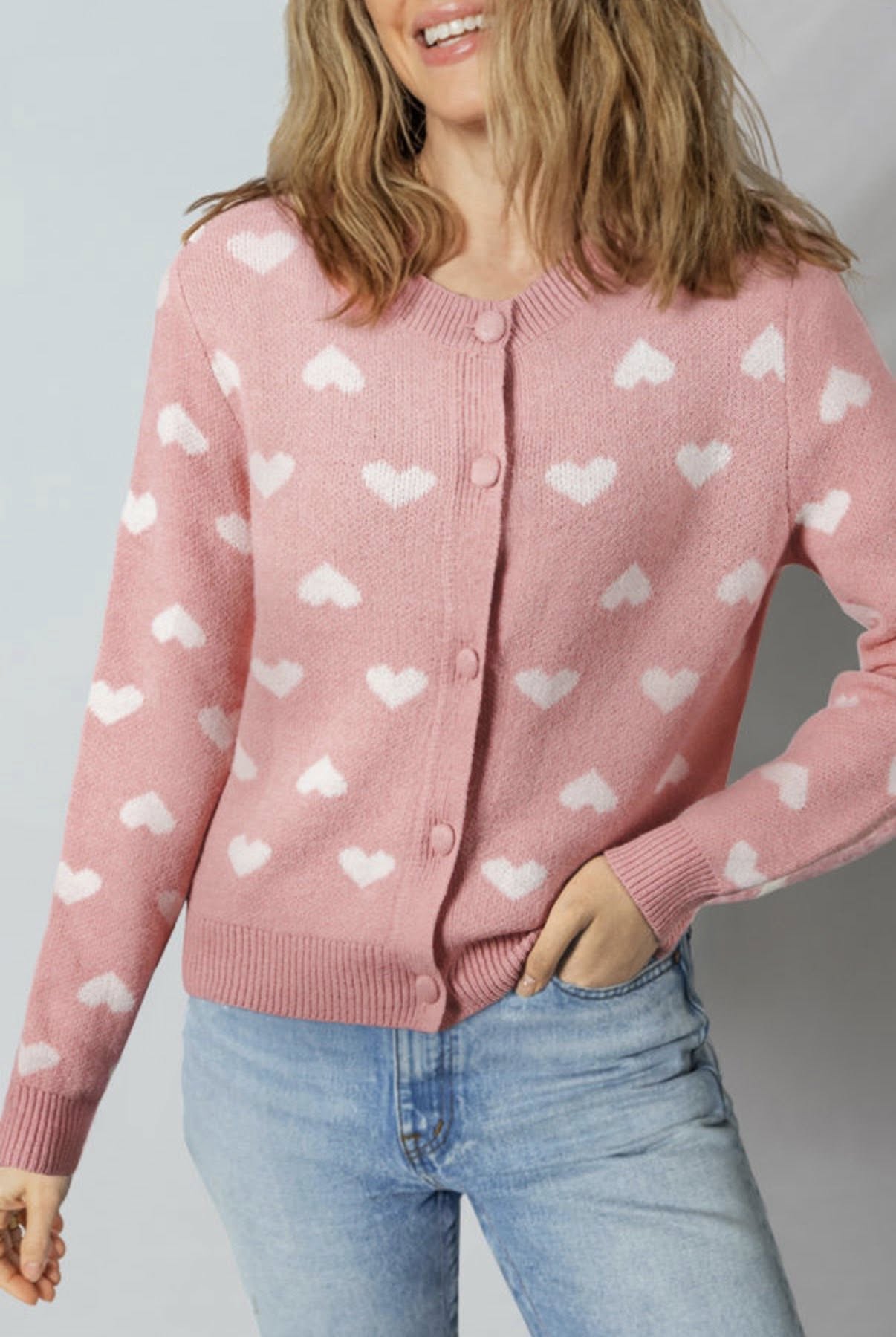 Light Pink Heart Cardigan Sweater