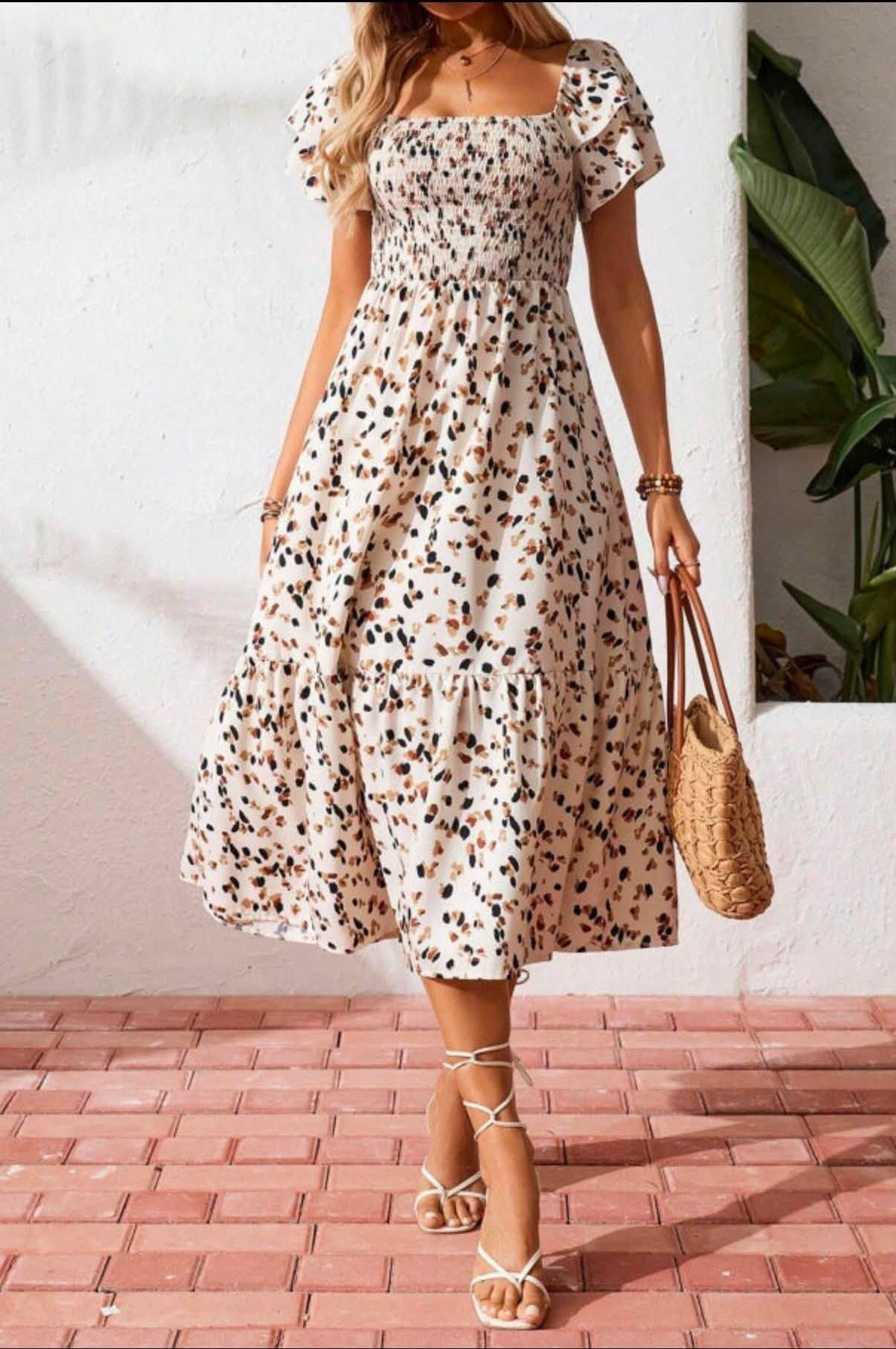 Beige Floral Print Smocked Dress