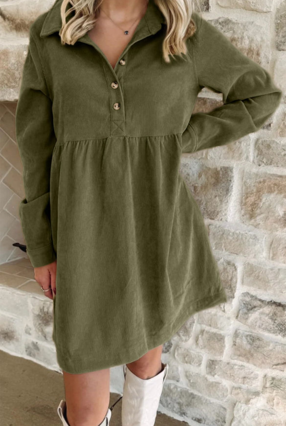 Vineyard Green Corduroy Long Sleeve Mini Dress