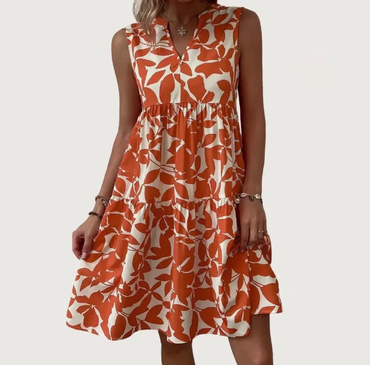 Orange V-Neck Sleeveless Dress