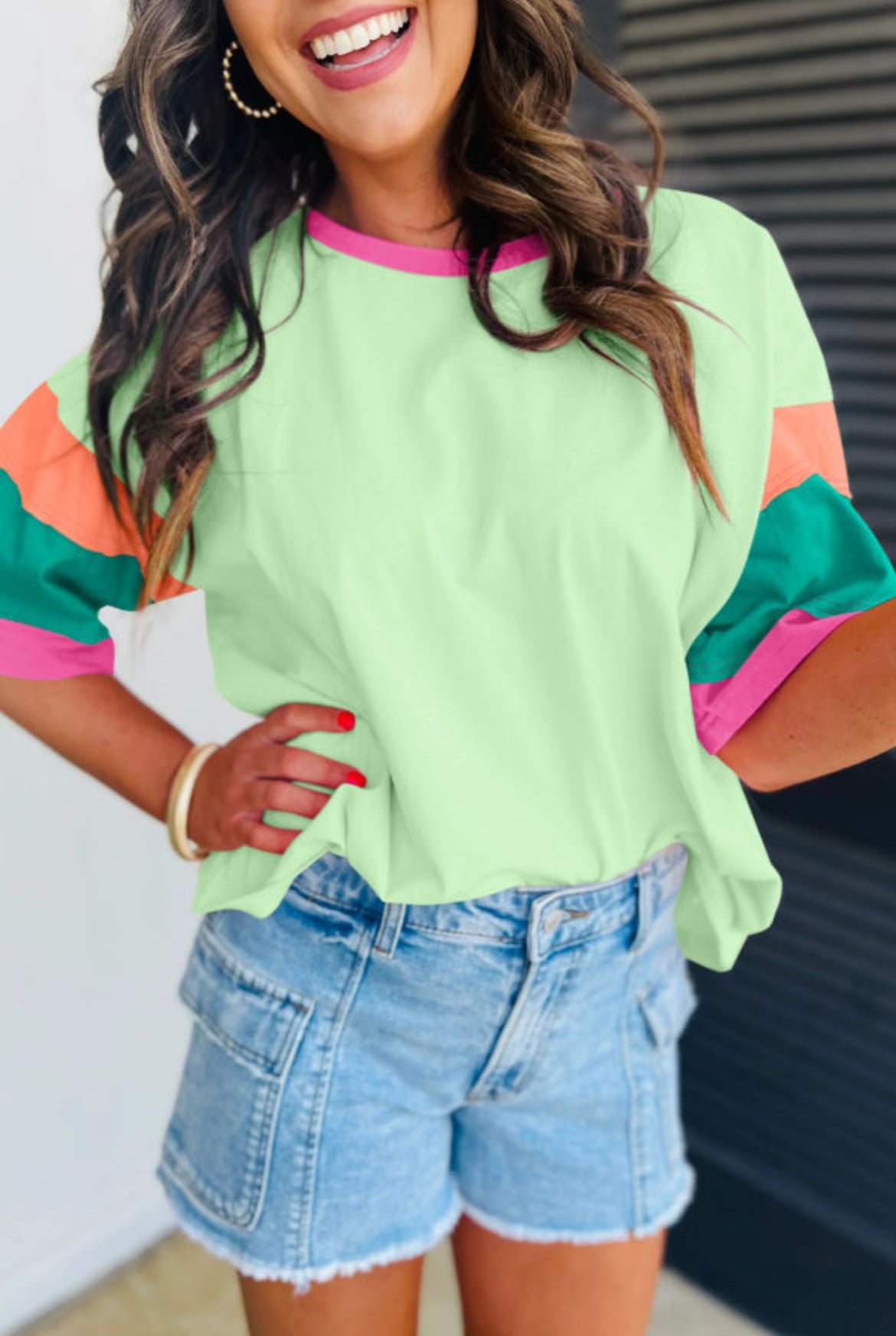 Green Colorblock Oversize Top
