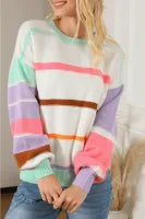 Multicolor Striped Colorblock Drop Shoulder Sweater - Large