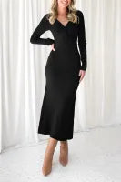 Black Twisted V Neck Ribbed Knit Sweater Dress - Large