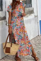 Multicolor Floral Print Ruffle Sleeves Open Back Maxi Dress - Small