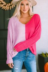 Pink Long Sleeve V-Neck Colorblock Sweater - X-Large