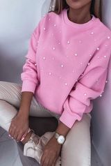 Bonbon Pearl Detail Ribbed Crew Neck Sweatshirt - Medium