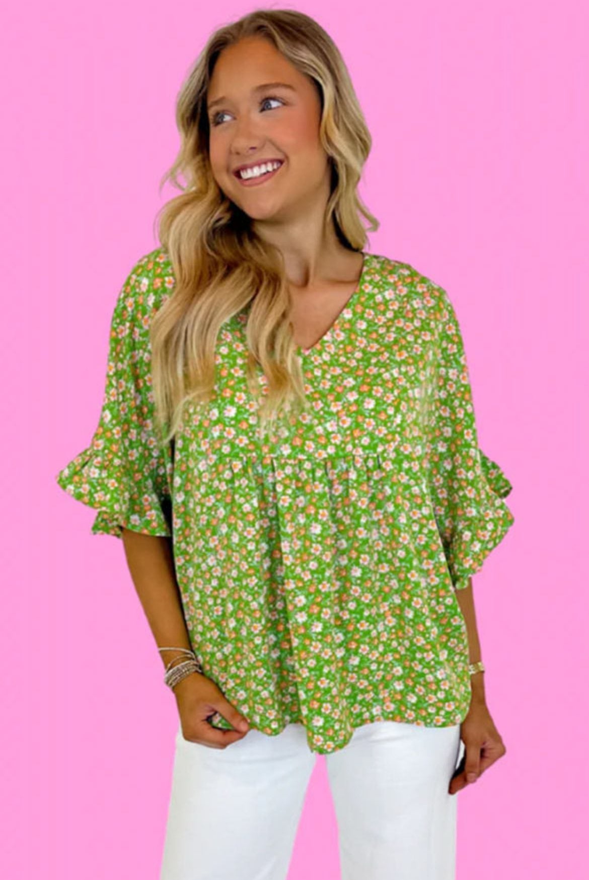 Green Floral Print V-Neck Blouse