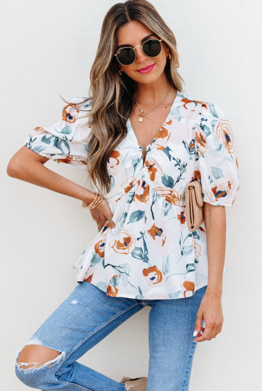 Green Floral Babydoll Blouse