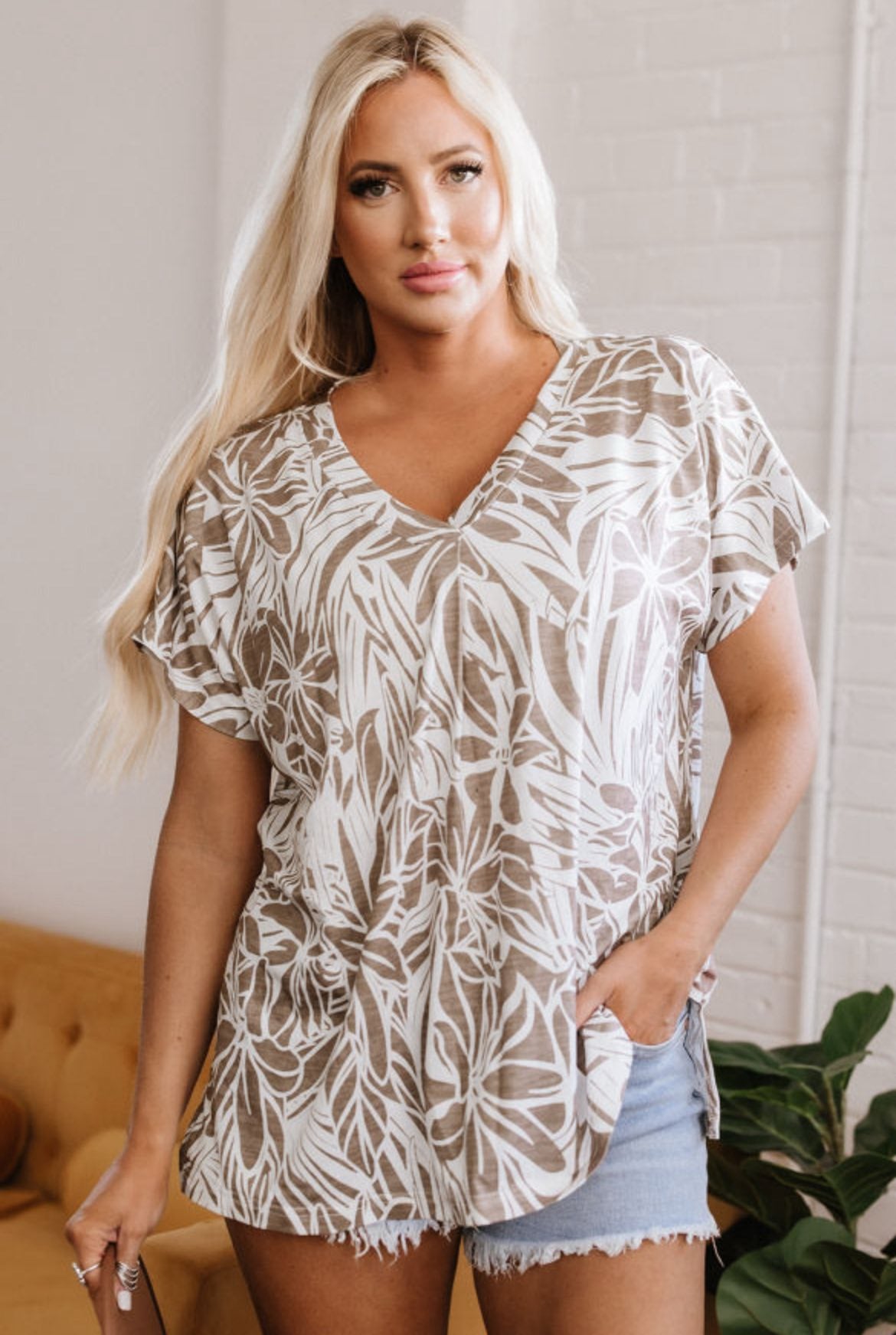 Khaki Floral Print Loose Fit Blouse