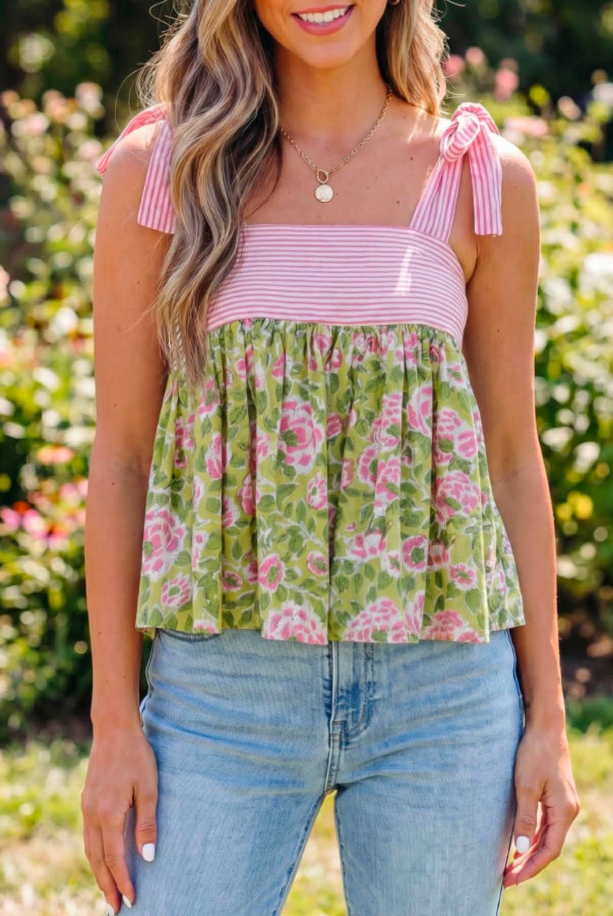 Green Floral Print Babydoll Tank