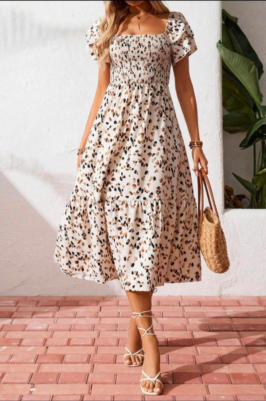 Beige Floral Print Smocked Dress