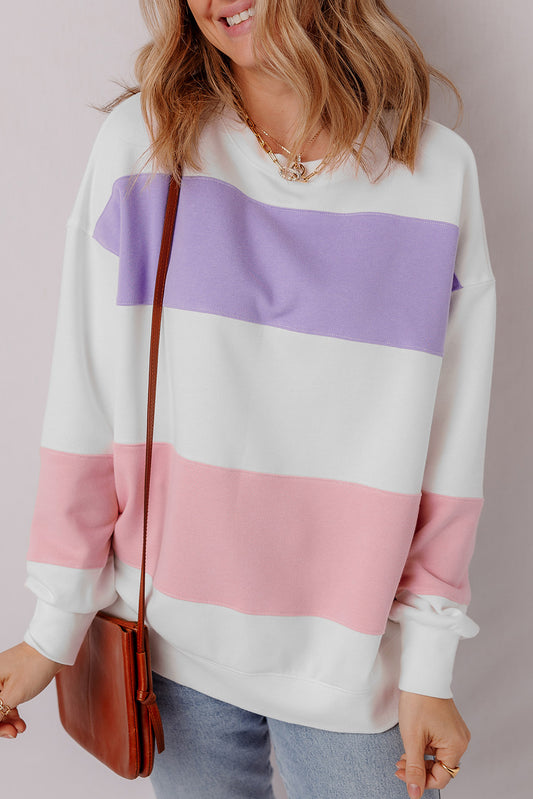 Beige Colorblock Patchwork Drop Shoulder Crewneck