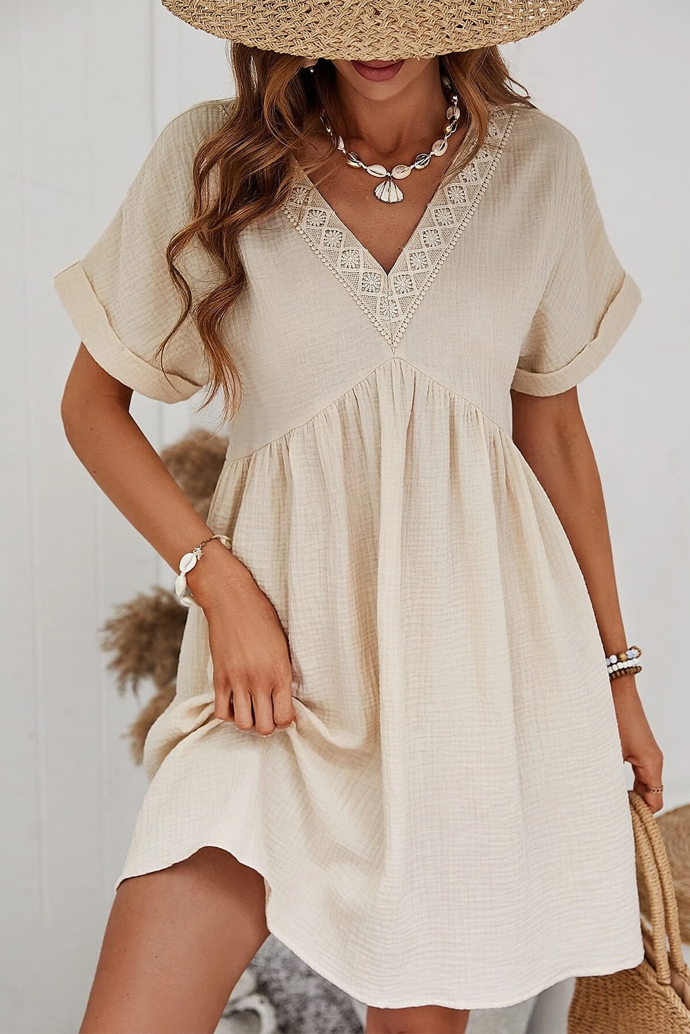 Beige Folded Short Sleeve Lace V Neck Mini Dress - Small