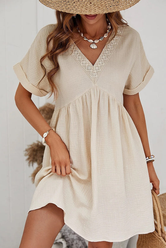 Beige Folded Short Sleeve Lace V Neck Mini Dress - Medium