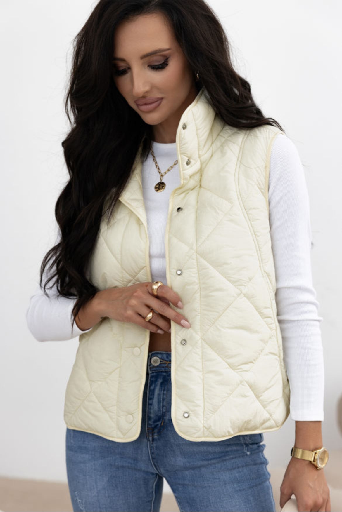 Beige Quilted Button Up Vest