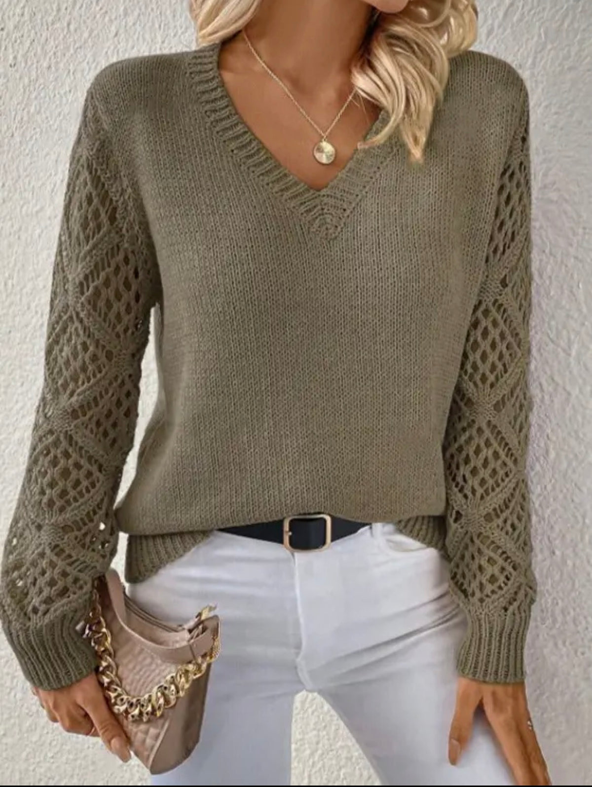 Hollow Sleeve V-Neck Sweater