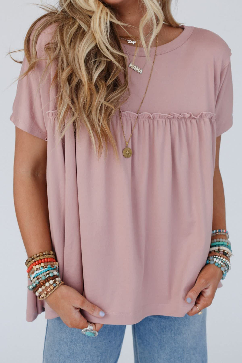 Light Pink Ruffled Trim Loose Babydoll Tee - X Large