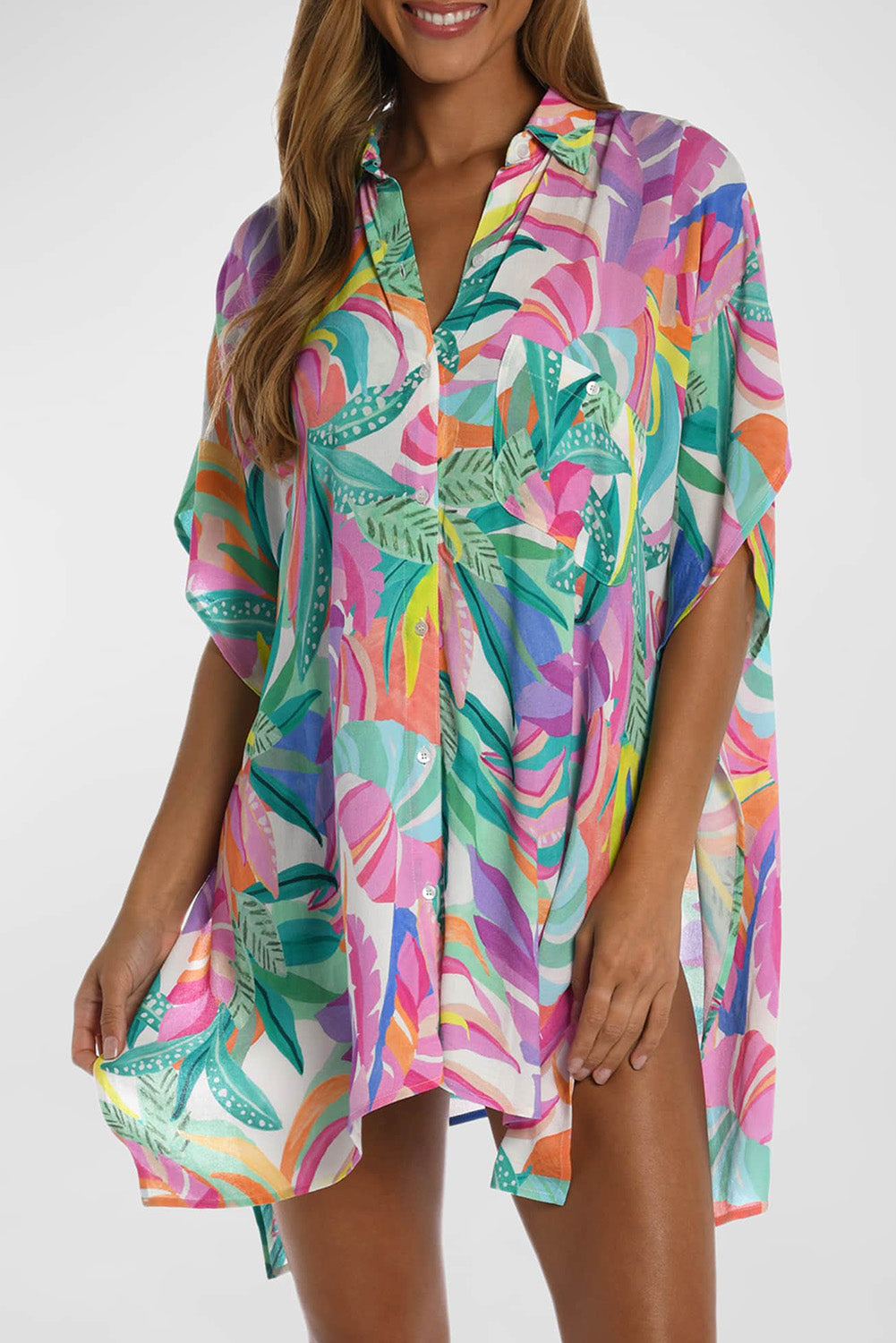 Multicolor Plant Print Button-up Half Sleeve Beach Cover Up - ONE SIZE FITS ALL