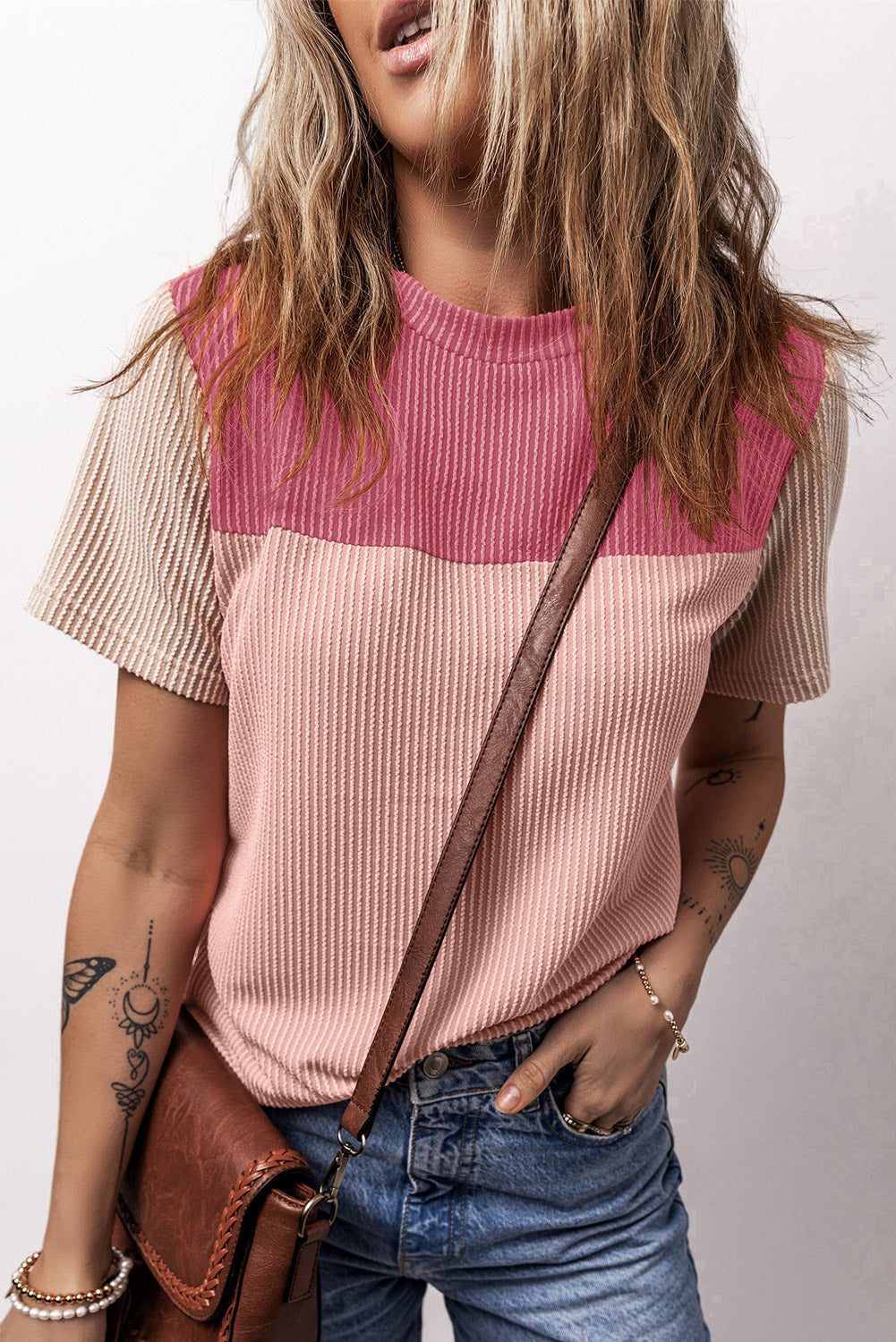 Pink Rib Textured Colorblock T Shirt - X LARGE