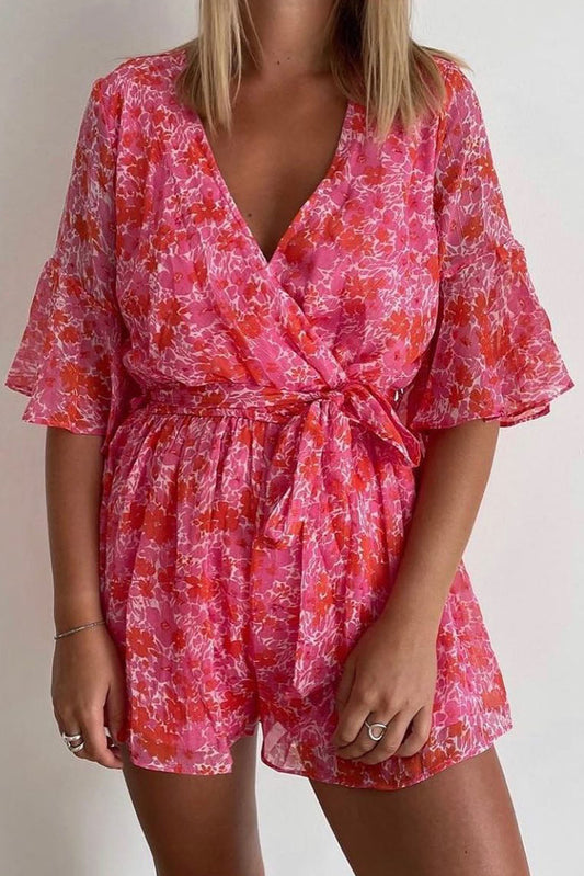 Pink V Neck Ruffled Sleeve Floral Romper - Large