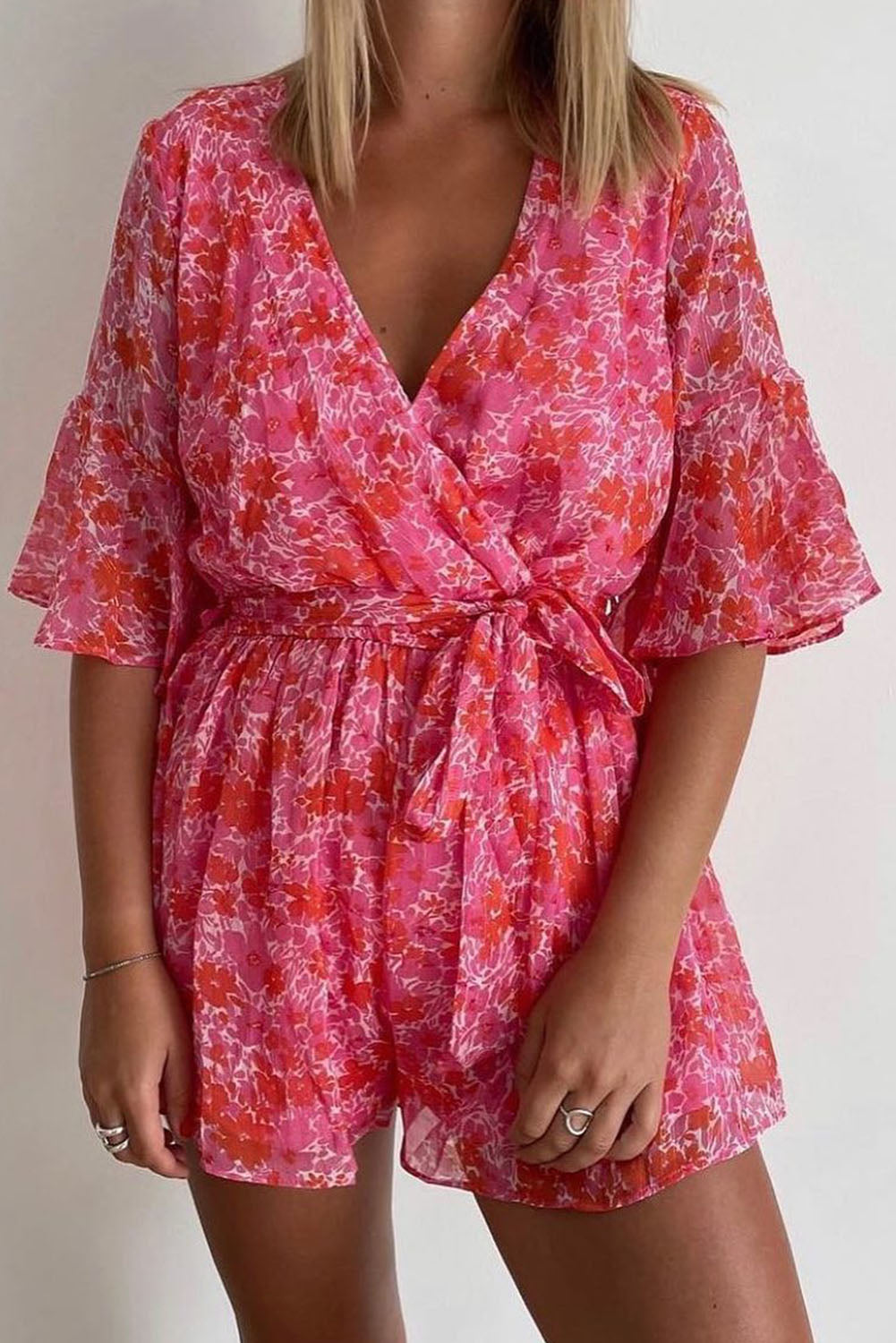 Pink V Neck Ruffled Sleeve Floral Romper - Medium