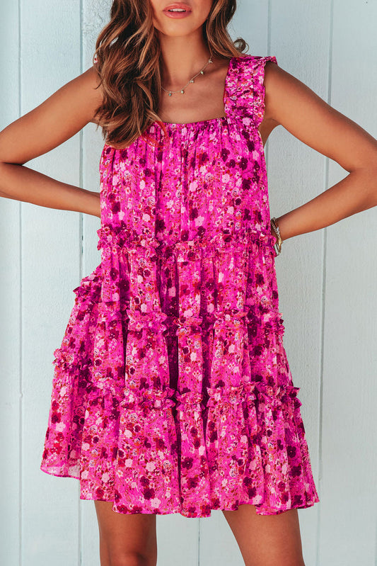 Rose Tiered Ruffled Square Neck Sleeveless Floral Mini Dress - X Large