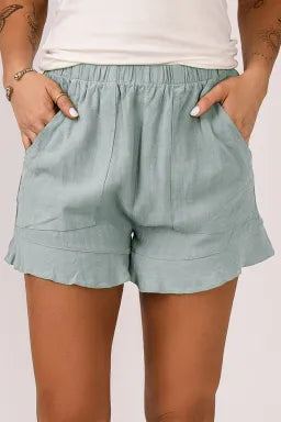 Green Casual Pocketed Ruffle High Waisted Shorts - Medium