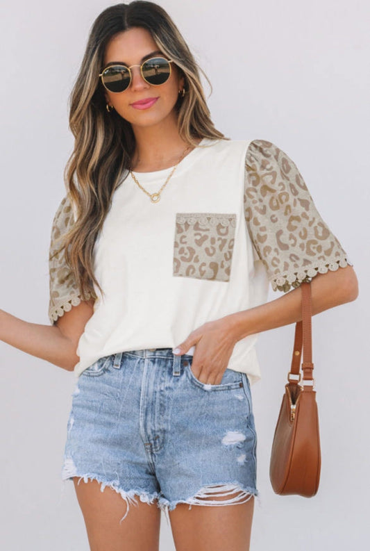 White Leopard Puff Sleeve T-Shirt