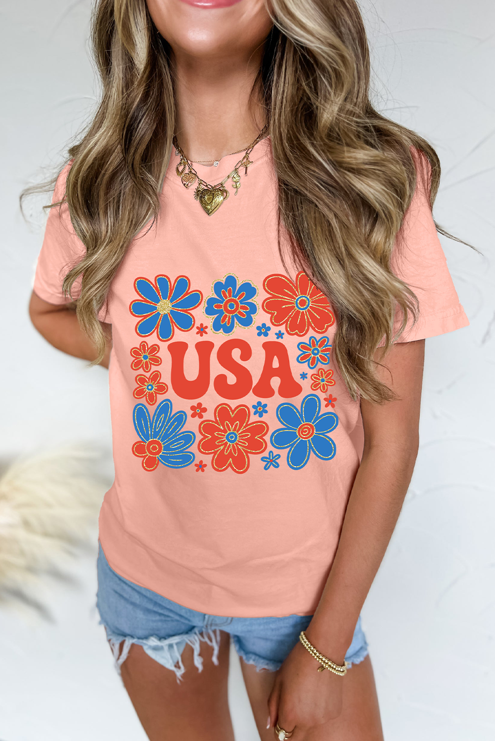 Pink Shimmer Flower USA Letter Printed Casual T Shirt